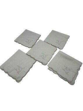 Lot Of 5 Vintage Scalloped Edge Embroidered Floral Linen Napkins Beige Handmade